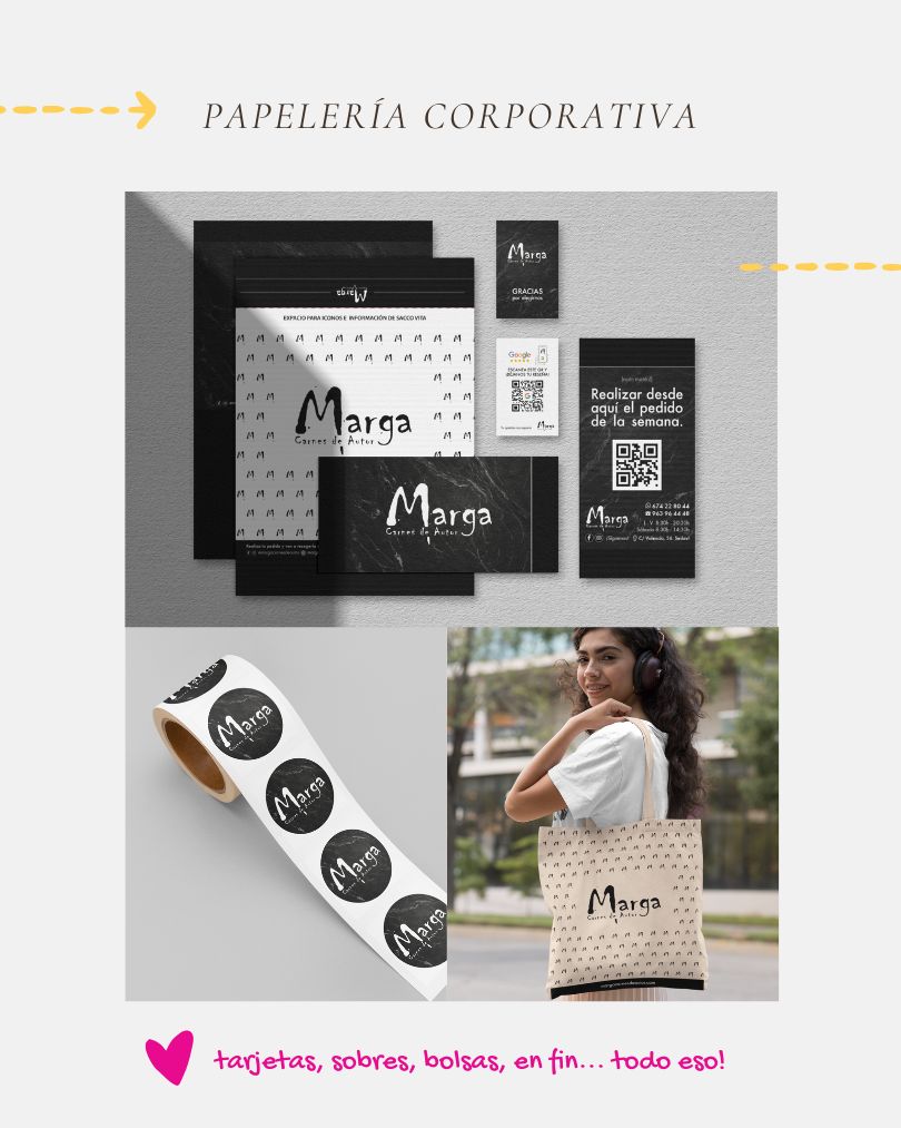 Papelería corporativa personalizada de Marga Carnes de Autor: tarjetas, etiquetas y documentos alineados con el nuevo branding.