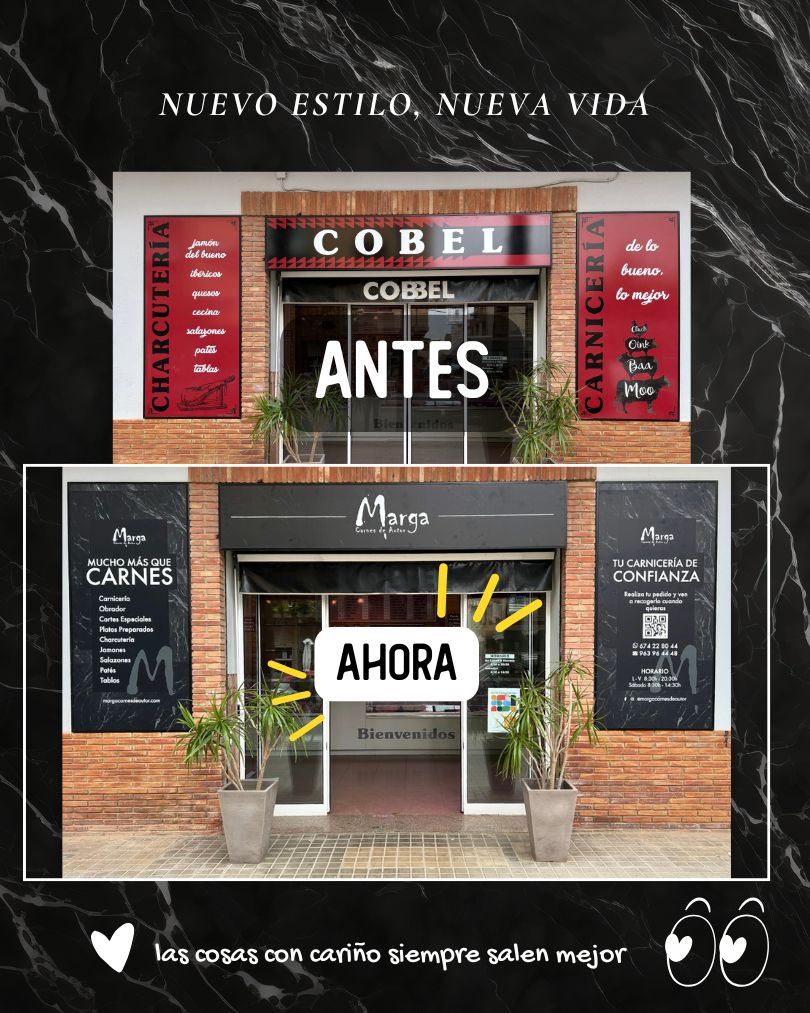 Fachada de Marga Carnes de Autor con nueva rotulación: identidad visual clara, profesional y cercana, diseñada para destacar en el comercio local.