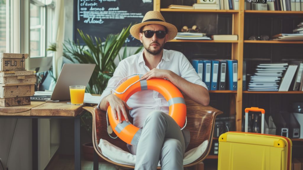 Cómo reactivar tu empresa después del verano – 5 claves que sí funcionan 25 Imagen de un hombre en su oficina rodeado de maletas, sombrero de playa, toalla y objetos de vacaciones, mientras mira su portátil con expresión de agotamiento. Representa el regreso al trabajo tras el verano, el síndrome postvacacional y el reto de reactivar la productividad empresarial. Esta escena conecta con autónomos, emprendedores y profesionales que necesitan ideas para relanzar su negocio después de las vacaciones. Ideal para ilustrar contenidos sobre cómo reactivar tu empresa tras el verano, organizar tu vuelta a la rutina, recuperar clientes y retomar estrategias de marketing. Palabras clave relacionadas: vuelta al trabajo, reactivar empresa, síndrome postvacacional, productividad después de vacaciones, septiembre emprendedores, ideas para negocios tras verano.