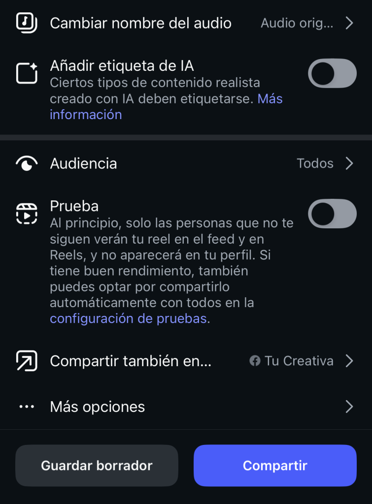 Imagen que muestra la opción de reel de prueba en la aplicación de instagram