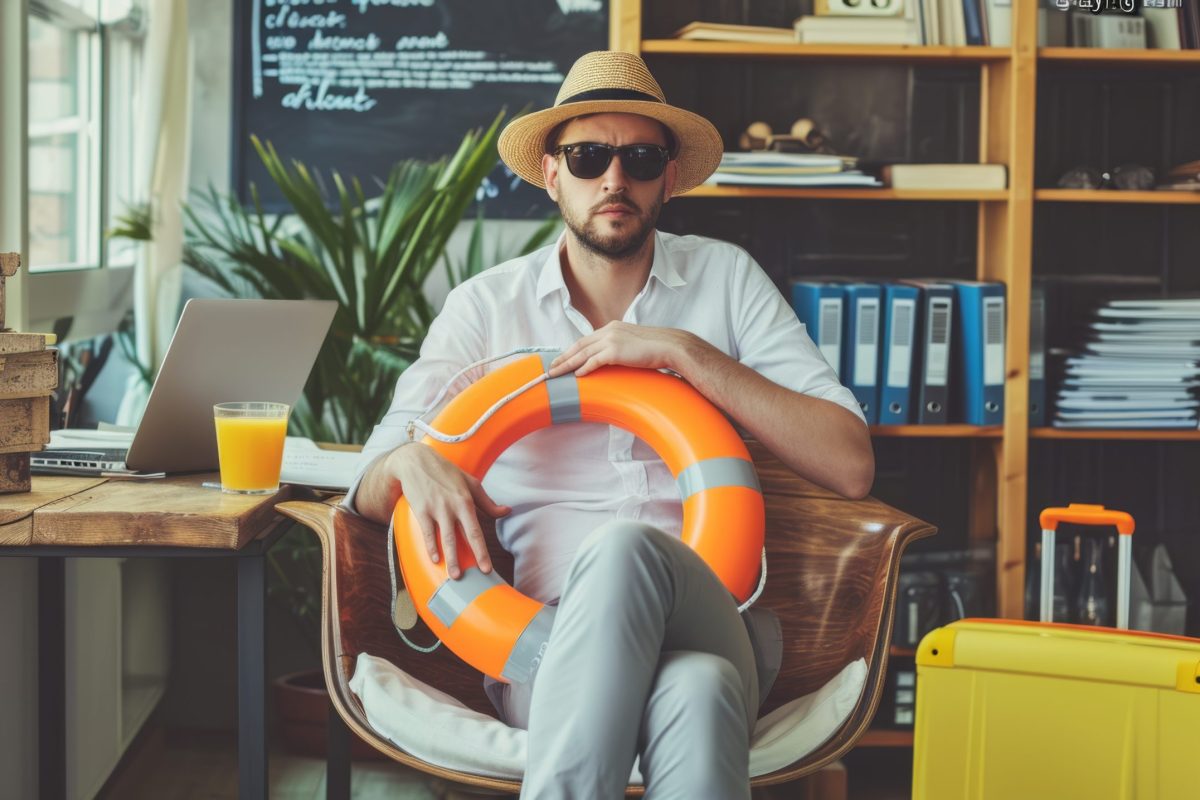 Imagen de un hombre en su oficina rodeado de maletas, sombrero de playa, toalla y objetos de vacaciones, mientras mira su portátil con expresión de agotamiento. Representa el regreso al trabajo tras el verano, el síndrome postvacacional y el reto de reactivar la productividad empresarial. Esta escena conecta con autónomos, emprendedores y profesionales que necesitan ideas para relanzar su negocio después de las vacaciones. Ideal para ilustrar contenidos sobre cómo reactivar tu empresa tras el verano, organizar tu vuelta a la rutina, recuperar clientes y retomar estrategias de marketing. Palabras clave relacionadas: vuelta al trabajo, reactivar empresa, síndrome postvacacional, productividad después de vacaciones, septiembre emprendedores, ideas para negocios tras verano.